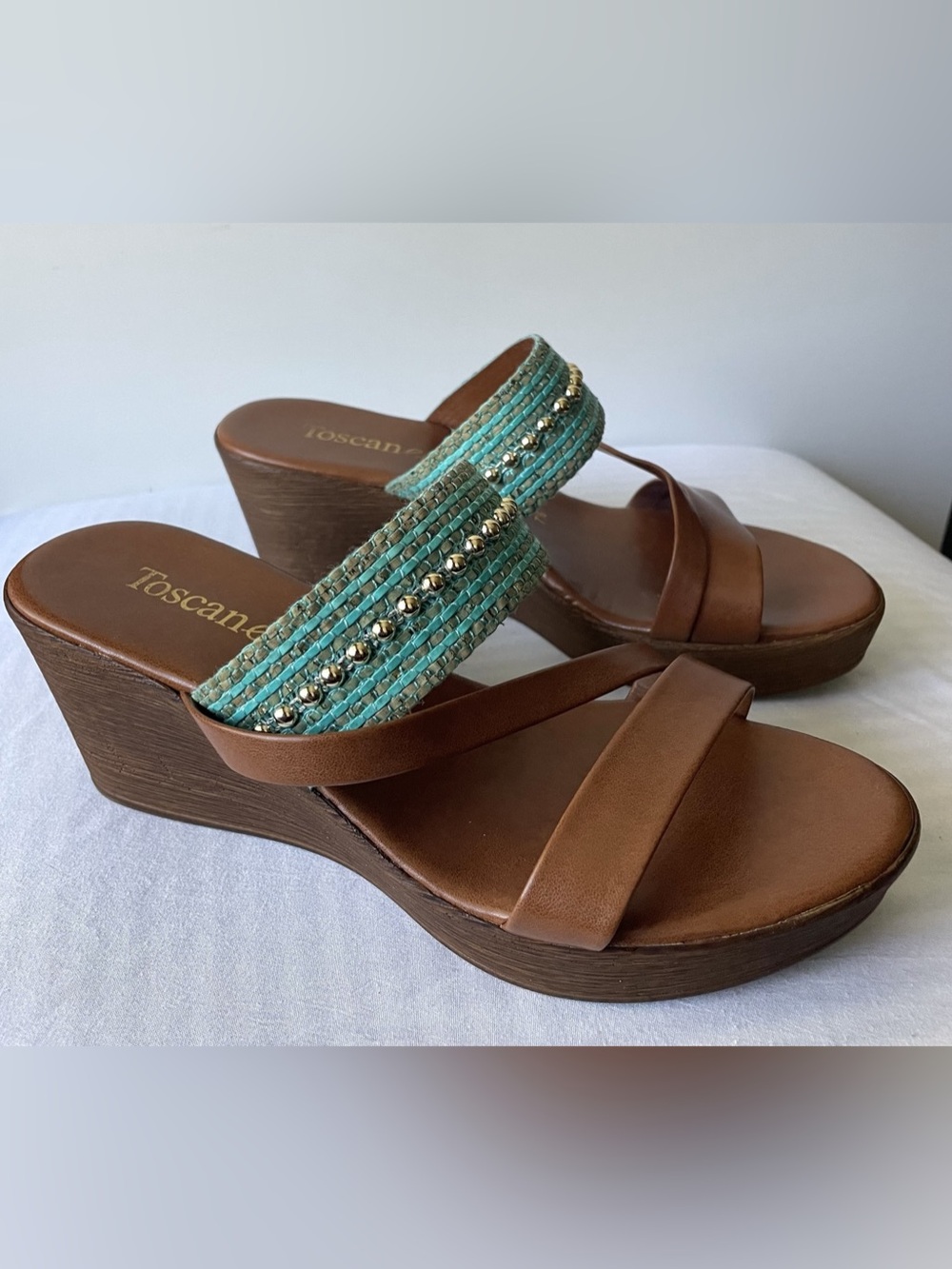 Toscanella Woven Beaded Strap Brown & Turquoise Wedge Sandals US 7.5 Italy